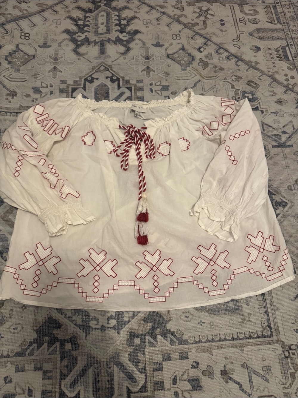 Harlyn White Off Shoulder Red Embroidered Boho Peasant Blouse Tassel Top Small